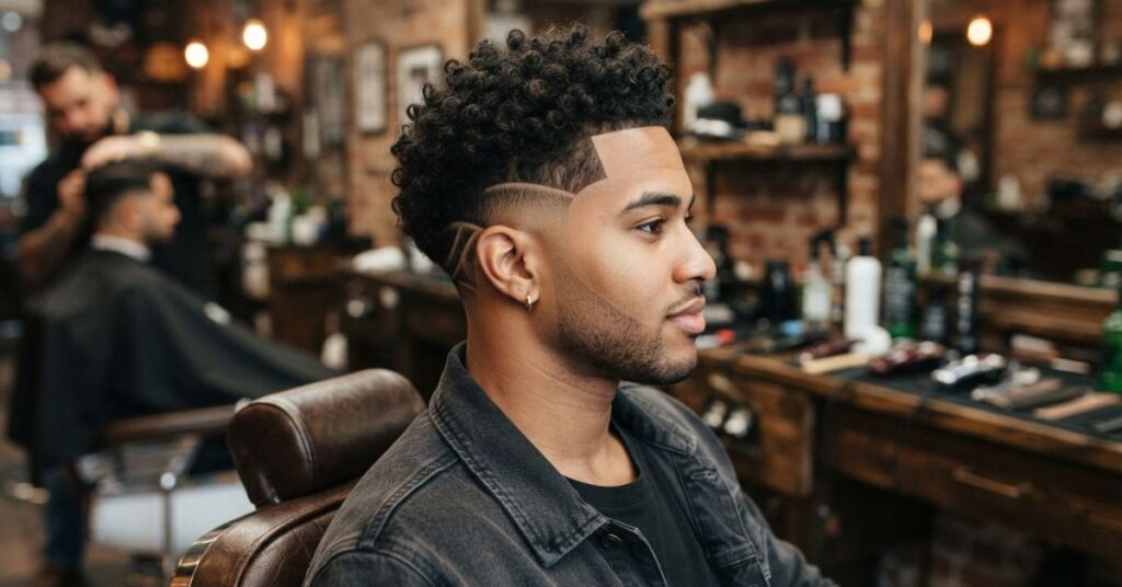 Curly Mid Taper Fade with Detail Work